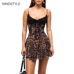 Women's Fashion Satin Satin Dress Leopard-Print Lace Sling Butterfly Lace-Up Waist Skirt for Summer Day Breathable Daily Use