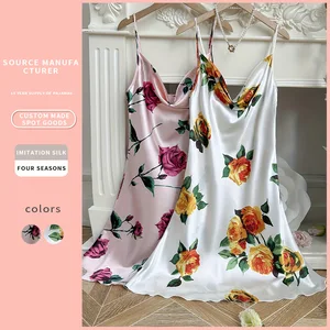 European American Floral Printed Summer Nightdress Sexy Backless Strap Dress Elastic Waist Sleeveless Polyester Strap Breathable
