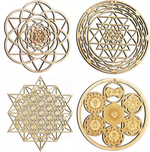 Wooden Art Sacred Geometry Wall Set Yoga Decor Sri Yantra Wall Decor Mandala Chakras Wheel of Life Seed of Life Crystal Grid