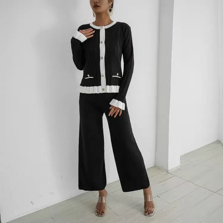 Autumn and winter chic trumpet long sleeved knitted cardigan set women's fashionable wide leg pants two-piece set trendy