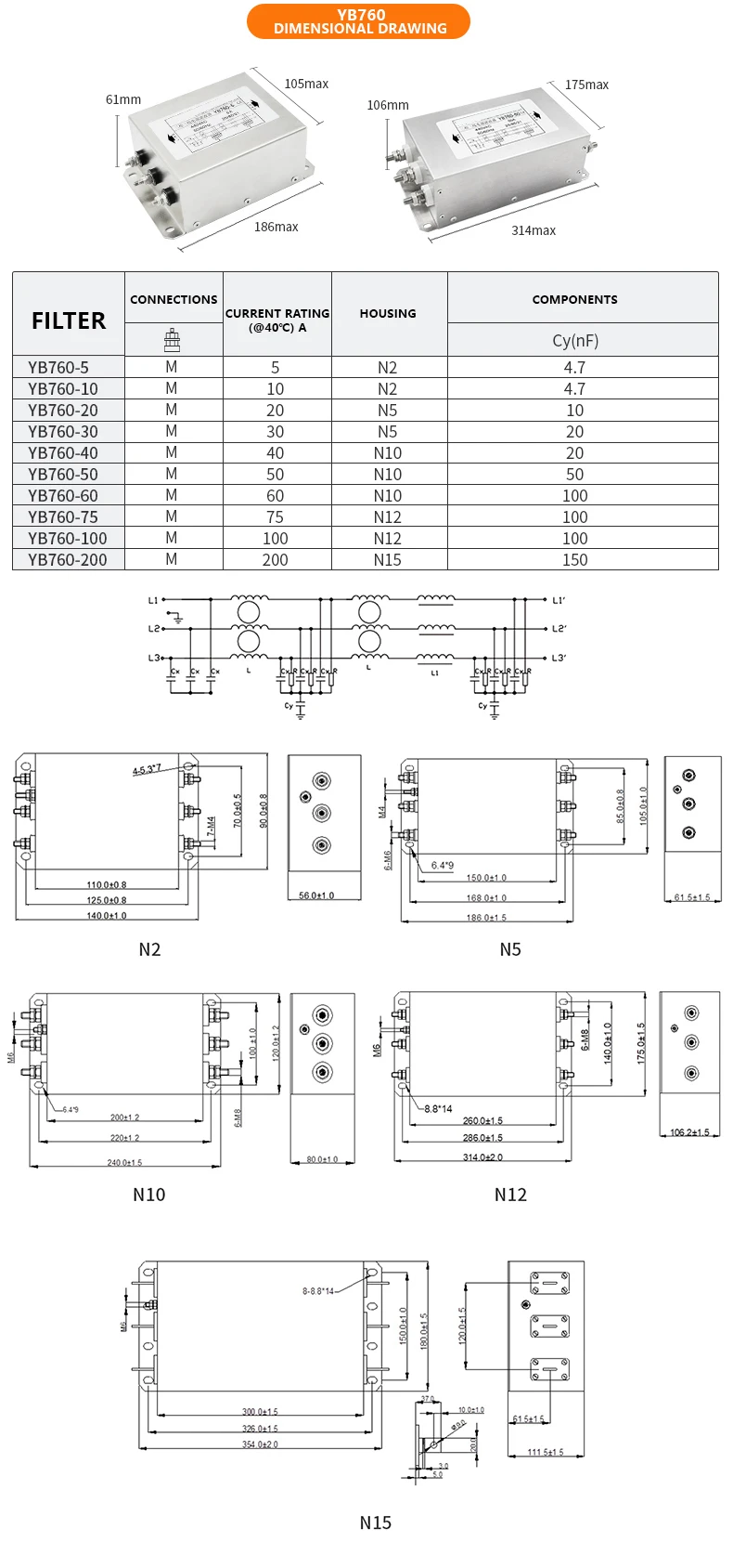High Quality 440V 5A-200A Three-Stage Three-Phase Power Supply Filter LV Products manufacture