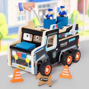 Montessori Children's Police Car Nut Screw Wooden Toolset Toys for Kids Playing Repair Pretend to Play with Wooden Toolbox Toys
