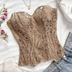 French Court-Style Corset Shapewear for Women Lace Bustier with Mesh Panels & Floral Print Irregular Hem Waist Shaping Top