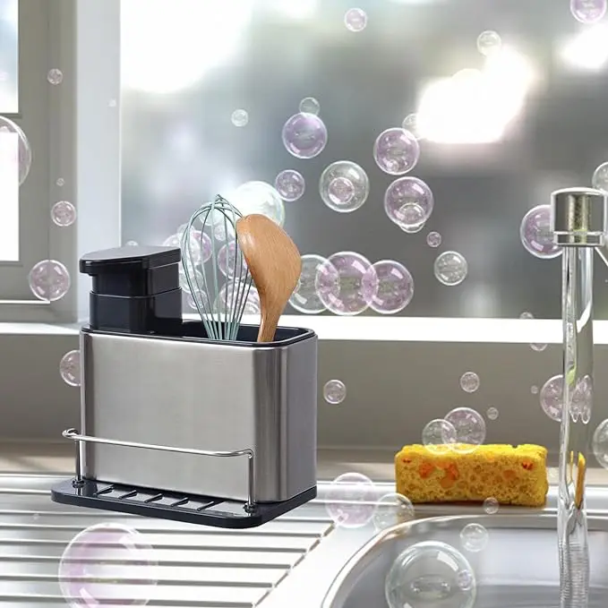 3 in 1 Multifunctional Kitchen Sink Organizer Stainless Steel Soap Dispensing Sponge Holder for Dish Detergent Brush