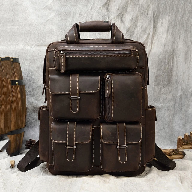 Custom Vintage Cowhide Genuine Leather Backpack Large Capacity Waterproof Crazy Horse Pattern Outdoor Travel Laptop Bag Hiking