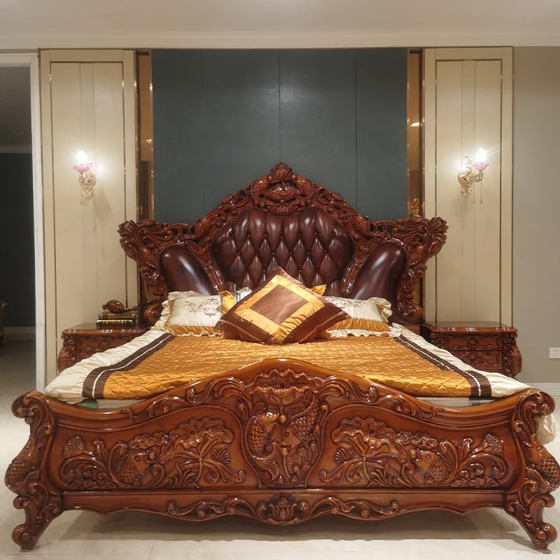 Luxury European Bed Frame with Carved Solid Wood Leather