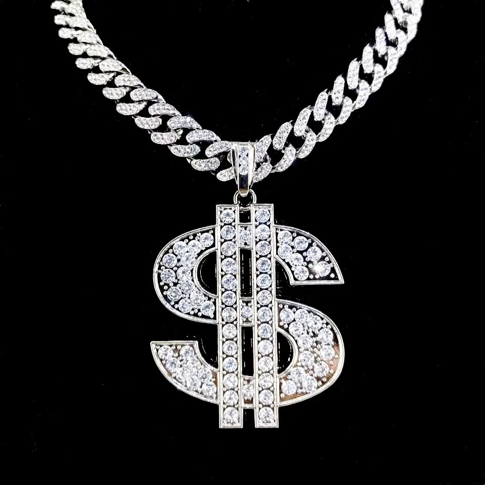 Stainless Steel Iced Out Rhinestone Jewelry Gold Chain Dollar Sign Big