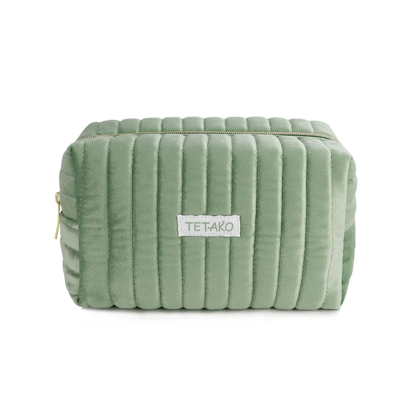 Women Professional Custom Logo Travel Zipper Small Fluffy  Makeup Storage Pouch Green Quilted Velvet Cosmetic Bag