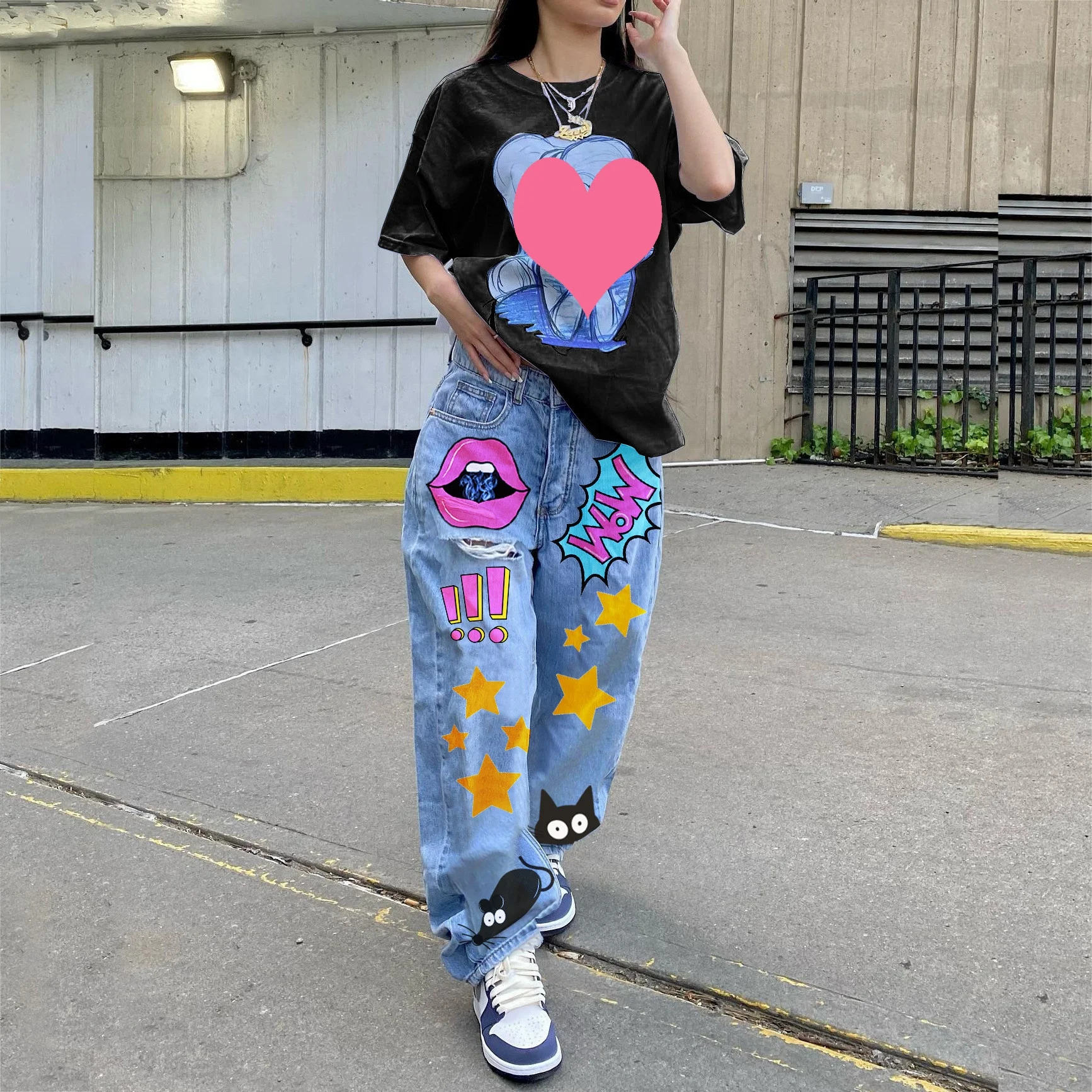 KY All Over Print Boyfriend Straight LEG Washed Hip Hop Wholesale