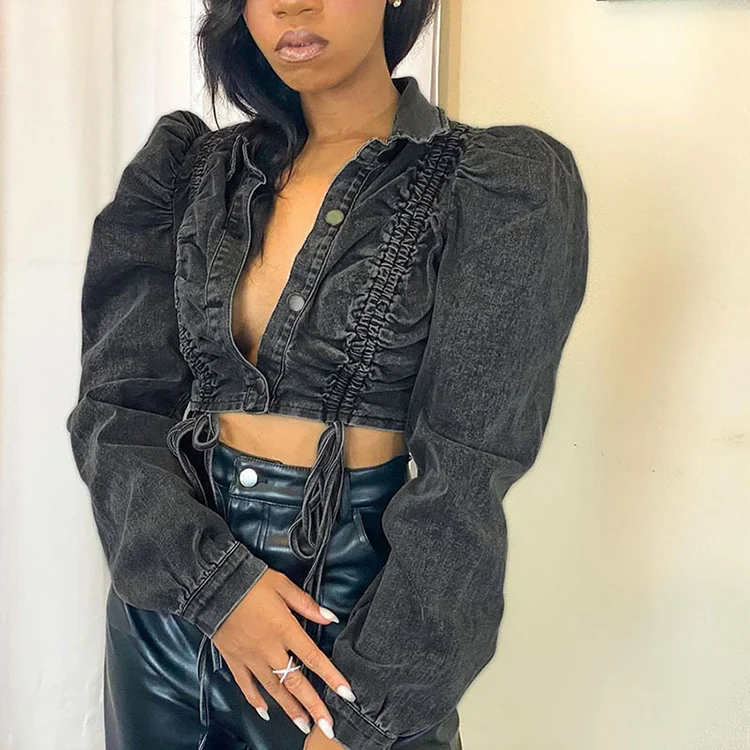 J9352 Black Jeans Chic Drawstring Puff Sleeve Cropped Denim Jacket for  Women Custom Ladies Puffer Crop Jean Jackets Wholesale