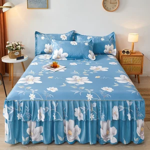 2026 Newest Colorful Style 100% Polyester Bedding Luxury Bed Cover Modern Floral Plant Printed  Fitted Skirt Sheets Bed Skirt
