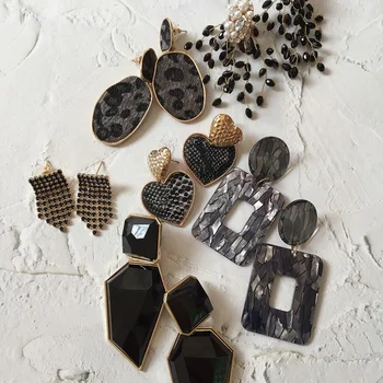 Kaimei Za 2019 Black Color Metal Crystal Acrylic Vintage Earrings Lady Girls Handmade Party Statement Jewelry Black Earrings