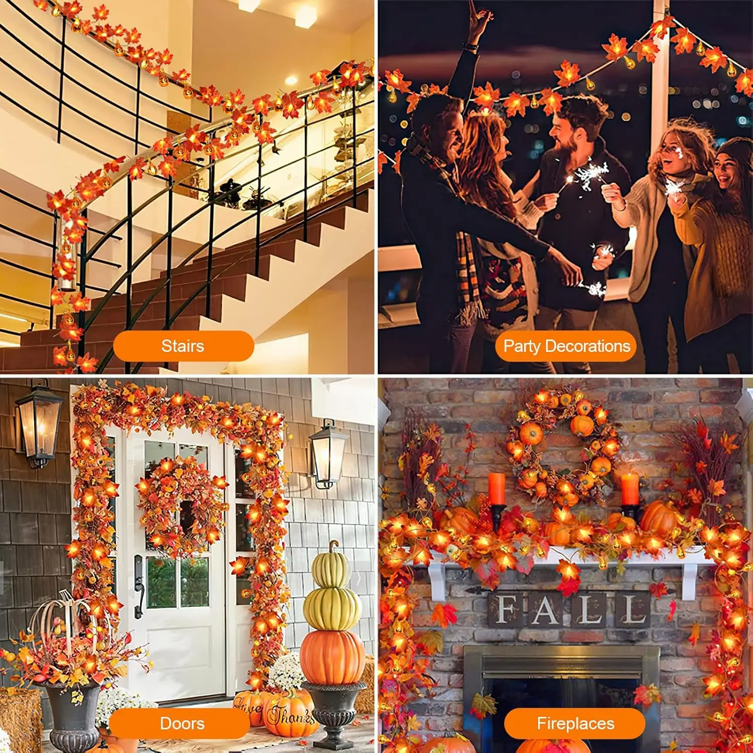 Guirlande Lumineuse Automne - 20 LED, Citrouilles, Pommes De Pin, Dindes, IP44, Minuterie 6h, Sur Piles
