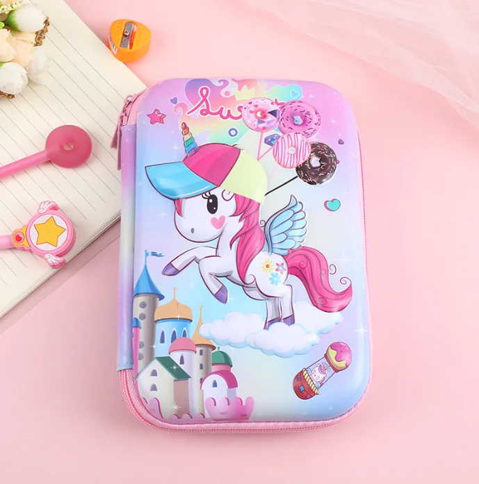 EVA Kids Organizer Bag Rectangle Stationery Box PU Fabric Cartoon Unicorn Dinosaur Shark Pencil Case