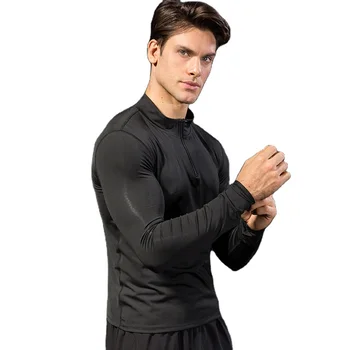 Mens Fashion Athletic Long Sleeve Sport Shirt Solid Color Half Zip Stretch Quick Drying Stand-up Collar Gym Wear For Men