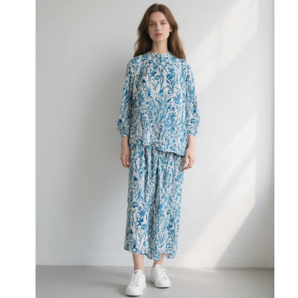 Set Coord Baju Wanita Motif Bunga Biru Setengah Lengan Panjang Setelan Dua Potong Kasual Setelan Ikat Celana Rok Longgar Baju Tidur Wanita
