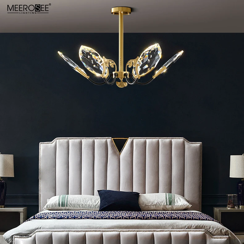 Meerosee K9 Crystal Light with Multi Faceted Cutting Copper Gingko Leaf Decoration Chandeliers Crystal 2020 MD86814