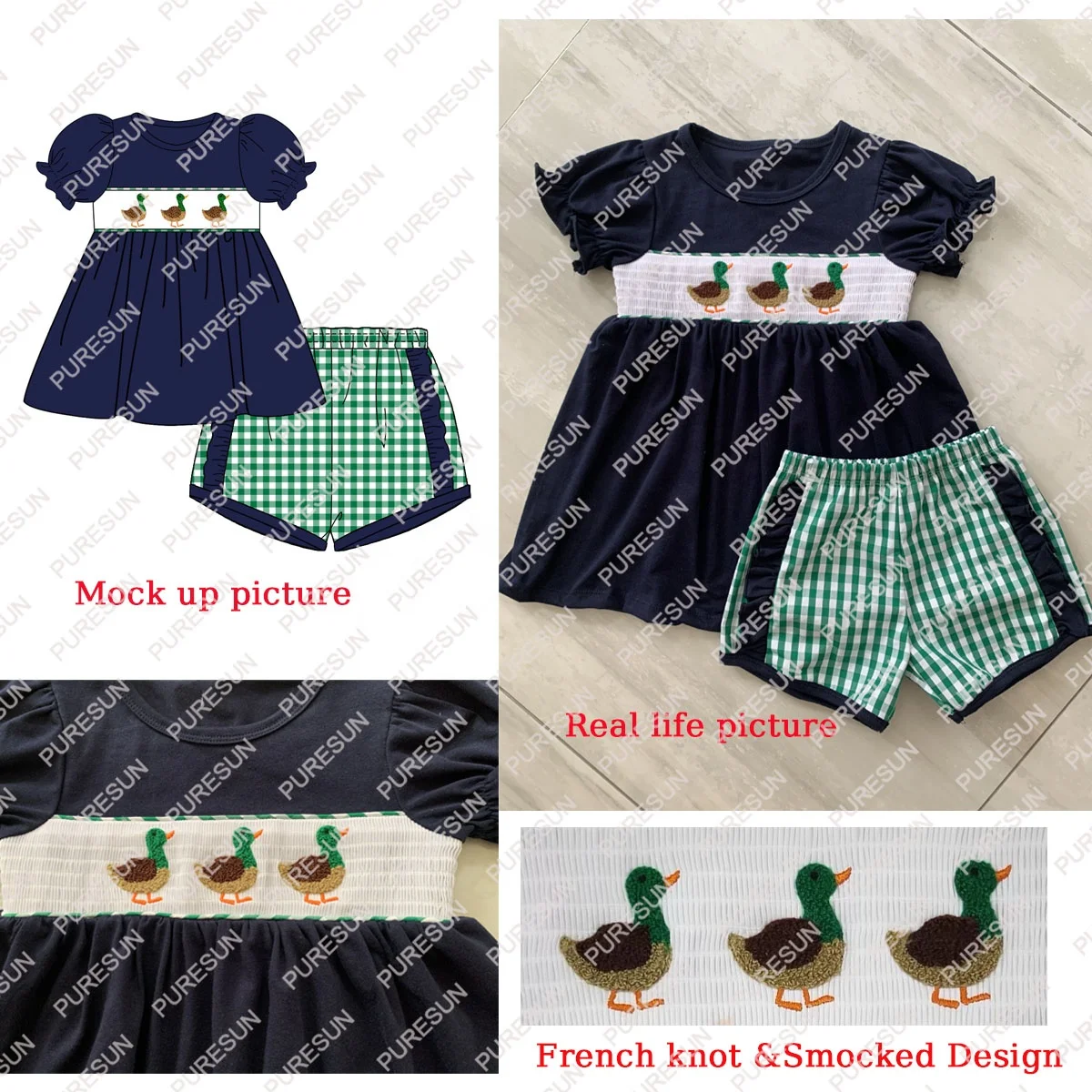 Puresun Custom Designs Smocked Baby Clothes Wholesale Red Gingham Chick Smocked Baby Girl