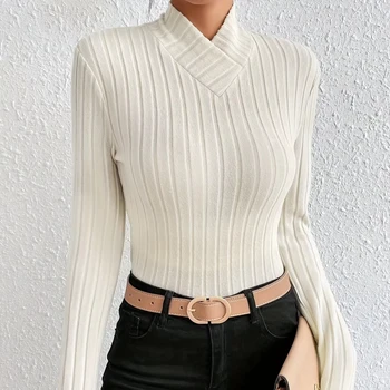 Factory Women's Winter Sweater High Turtle Neck Long Sleeve Knitted Tops Pit Stripe Bodycon Jumper Pullover Casual Adults