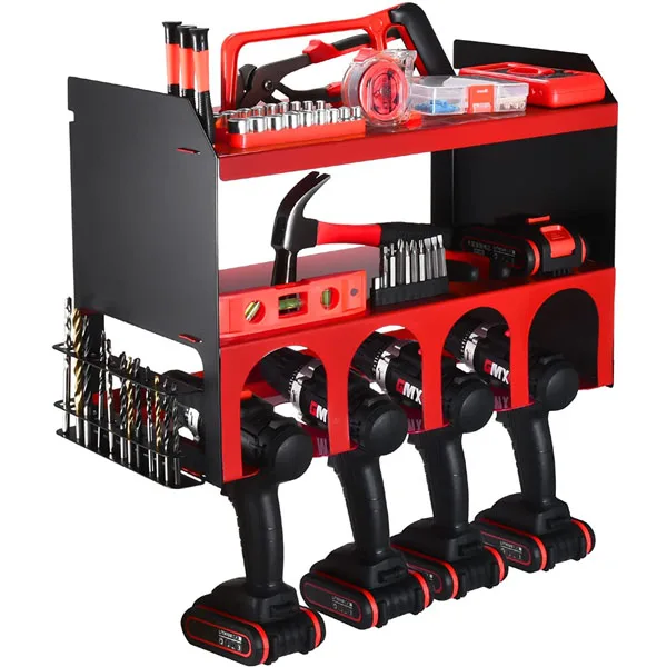 Organizzatore Da Parete Per Utensili Elettrici 4 Strati – Supporto Per Trapani Resistente In Acciaio, Capacità Per 8 Utensili A Batteria, Ripiano Per Officina E Garage
