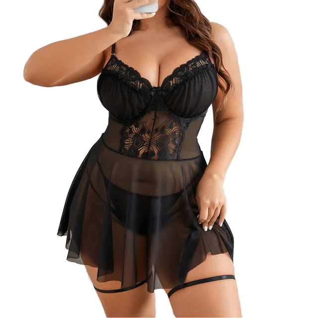 Hot Selling Pink Plus Size Women's Sexy Lingerie Dress with Thong Leg Garter Lace Decoration Light Control Wholesale Supply