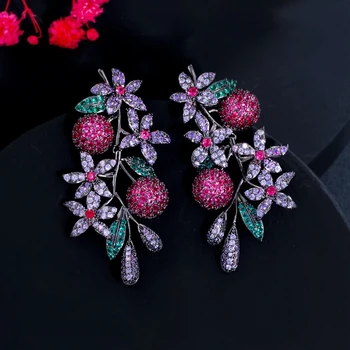 Noble Luxury Multicolor Purple Red Cubic Zirconia Long Drop Leaf Earrings for Women Party Costume Jewelry