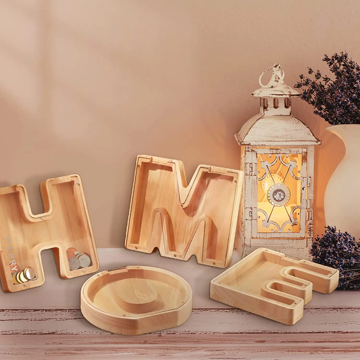 Salvadanaio In Legno Personalizzato A Forma Di Lettera | Regalo Con Nome Per Bambini E Adulti, Con Finestra Acrilica