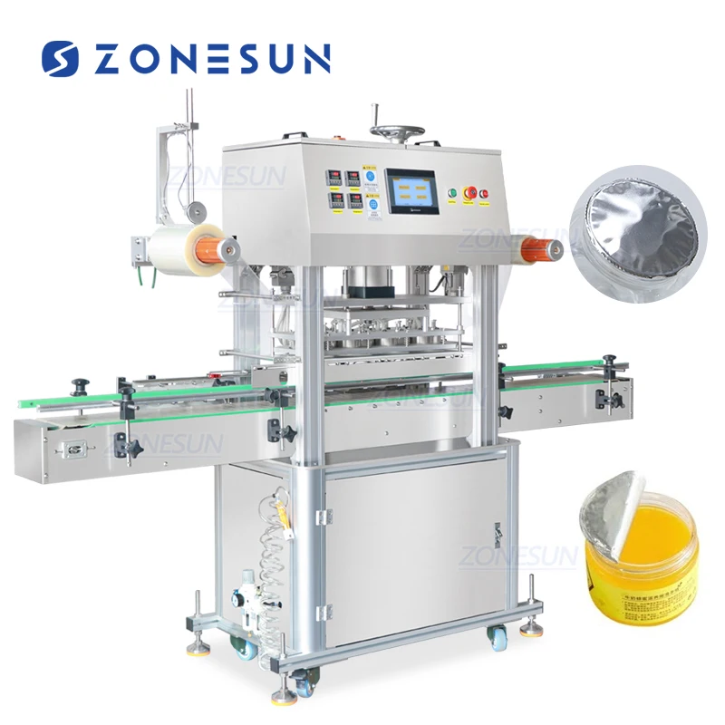 ZONESUN ZS-FKR4T Automatic 4 Heads Bucket Jar Bottle Aluminum Foil Film Roll Heat Press Sealing Machine