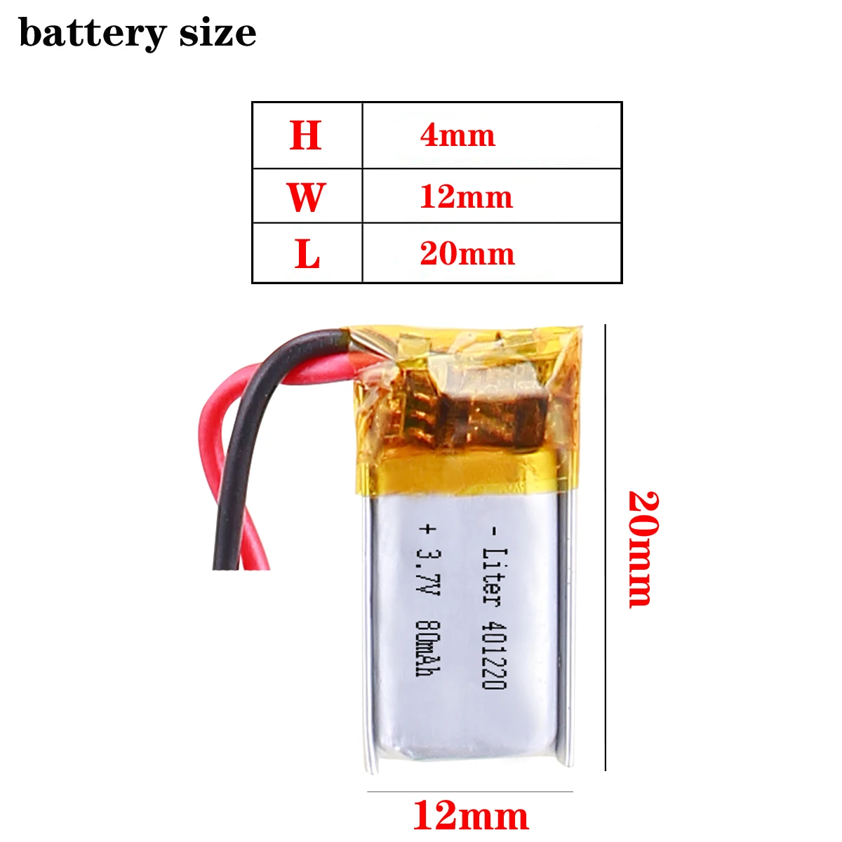 Batería Recargable Polímero 3.7V 80mAh Modelo 501220 - Para Auriculares, Gafas 3D, Pulseras Deportivas