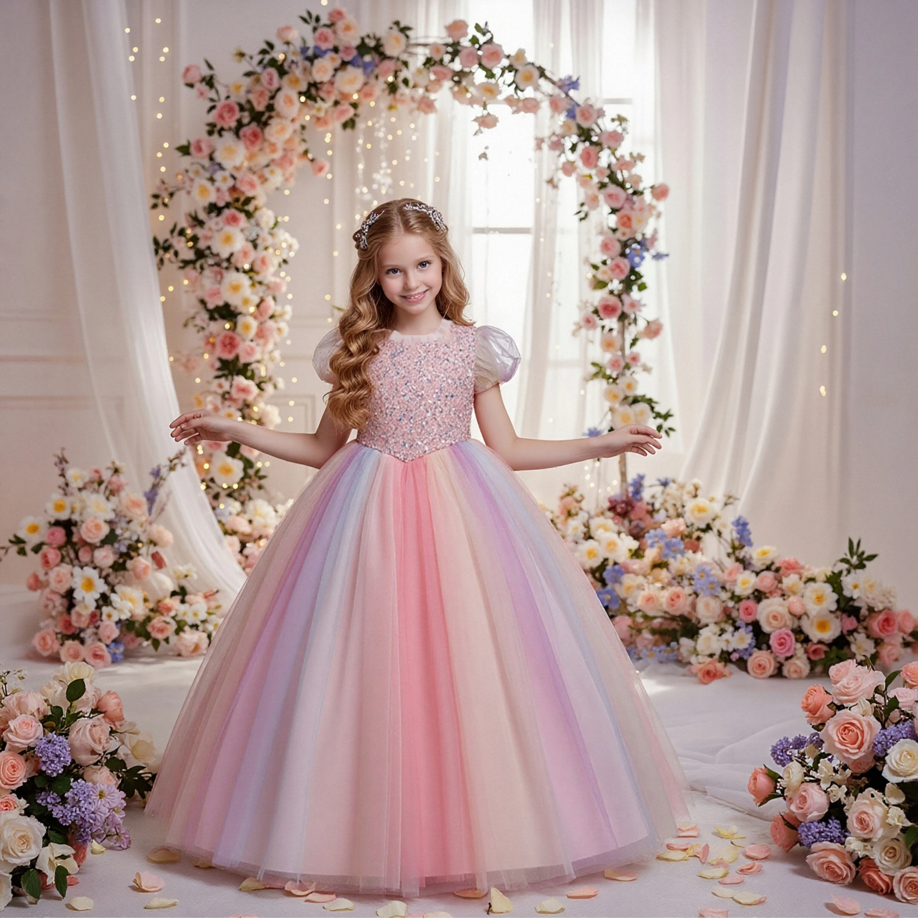 girls wedding dresses Gold Lace Flower Girls Pageant Dresses for Wedding Long Puffy Prom Tulle Pageant Ball Gown princess Girls dress Gold / 10 main image 1