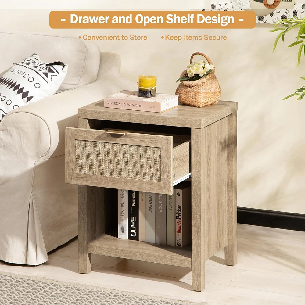 product modern rattan nightstands with drawer  open shelf farmhouse boho design for bedroom and living room light oak-5