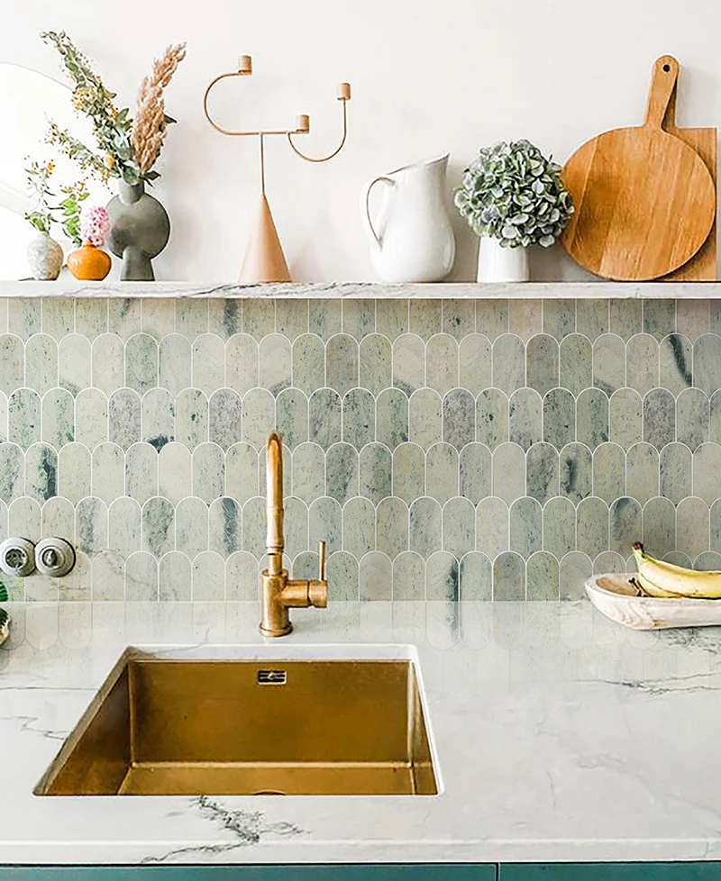 ROSA NORVEGIA and Ming Green Marble Mosaic Tile Fish Scale Fan Shape Polished  Marble Mosaic Kitchen Backsplash Bathroom Tile
