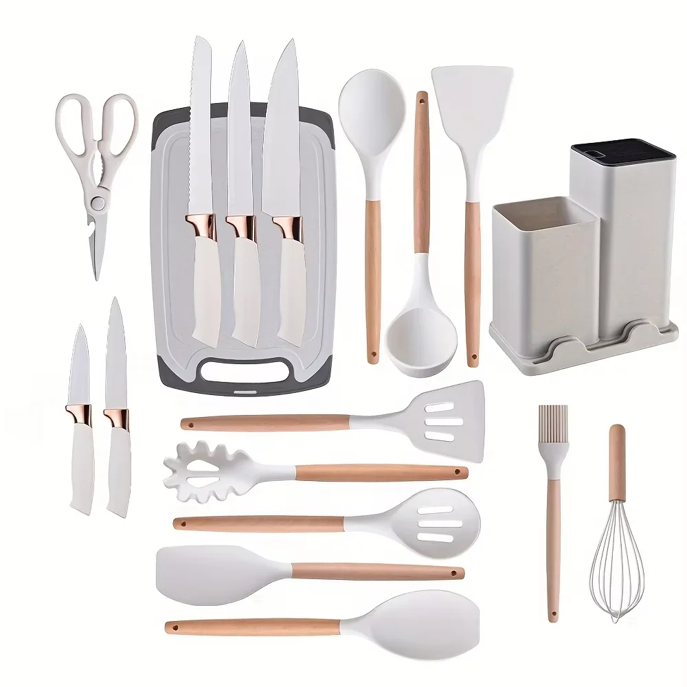 Knives Kitchenware Set Kitchen Utensils Set BPA Free Wooden Knife Chef Knife Combination Silicone Cooking Shovel Cutting