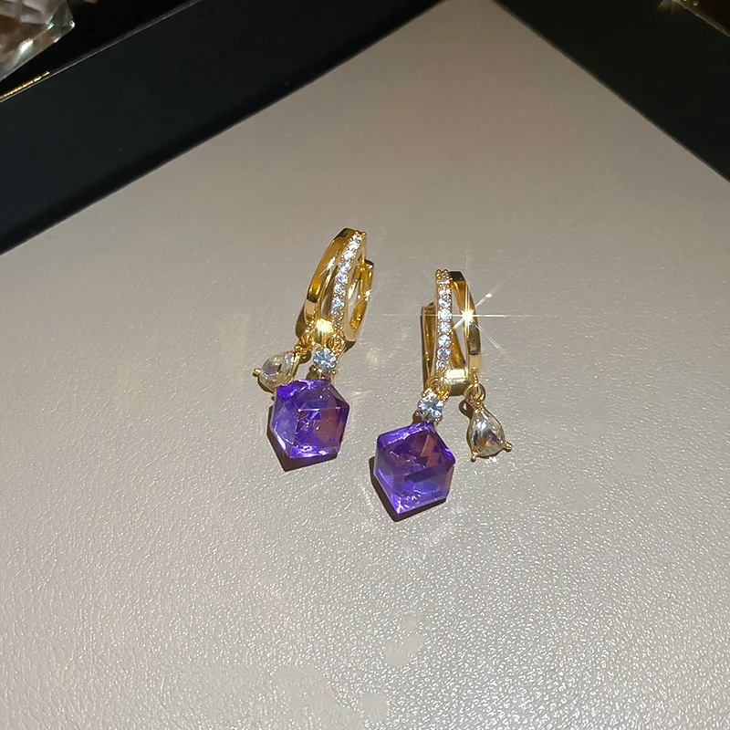 Double Layer Water Droplet Purple Diamond Genuine Gold Electroplating Fashion Elegant Luxury Wholesale Stud Earrings for Women
