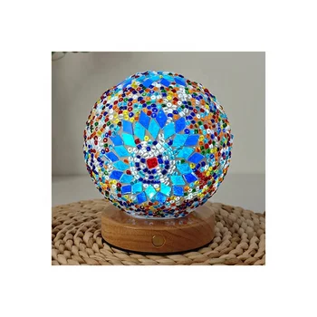 China wholesale led crystal lamp round wooden bottom glass mosaic 3D vision bohemian art style night light