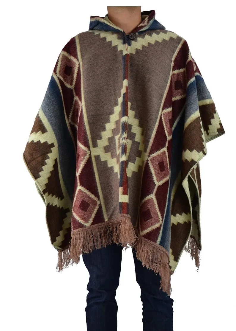 2025 Winter Mexican Men's Knitted Hoodie Poncho Southwestern Navajo Aztec Cloak Style Polyester Indigenous Design Shawl