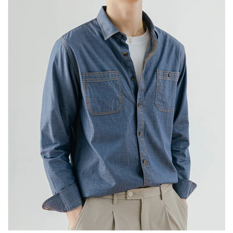 American Vintage Denim Shirt Men's Cotton Double Pockets Men's Shirts Work Style Long Sleeve Shirt Man
