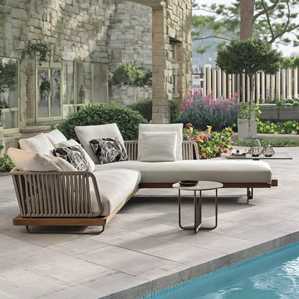 New Design Modern Aluminum Hotel Lounge Furniture Sofa Set Luxury Plus Size  Lounge Sets Meubles Outdoor Wooden Sofa Garden Sofas