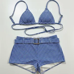 2026 Belt Design Bikini Block Pattern Style Solid Women's Swimsuit Stylish Satin Fabric Bikini Triangle Beachwear From Factory