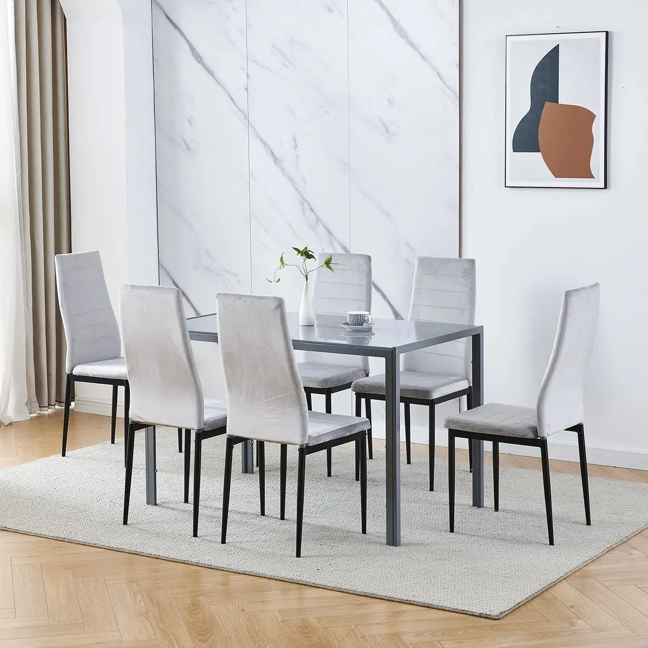 Free Sample Cheap Classic 4 6 Seater Modern Fiber Glass Top Dining Table Set Dining Table and Chair
