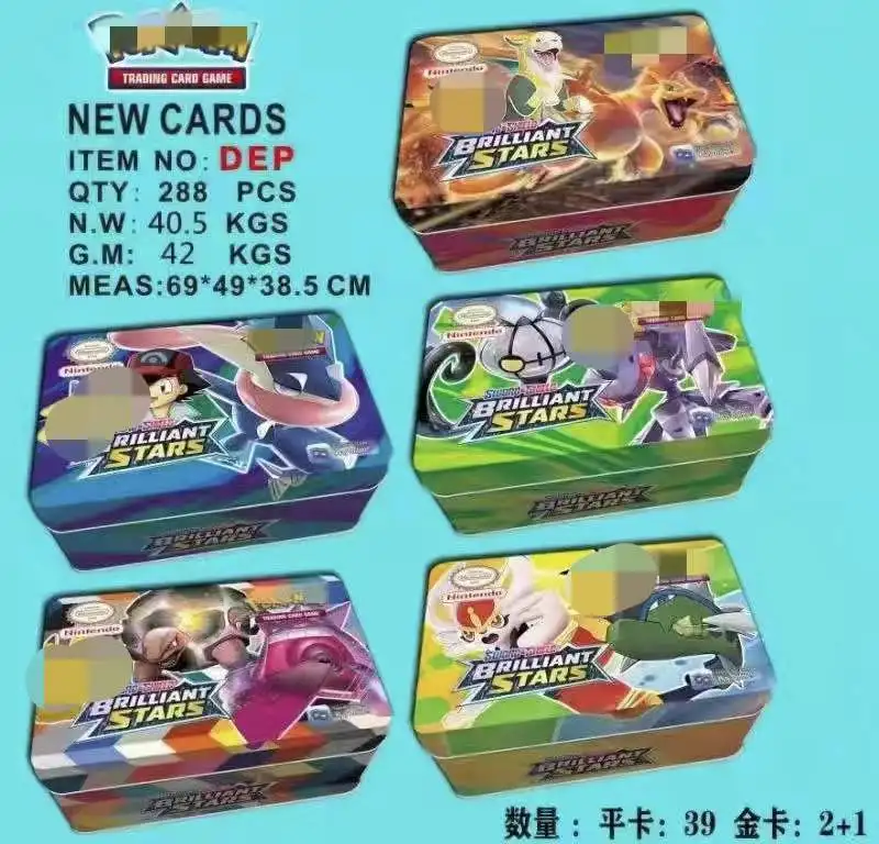 Оптовая продажа, новый стиль, железная коробка, карты POKEMON, игральные карты на английском и испанском языках