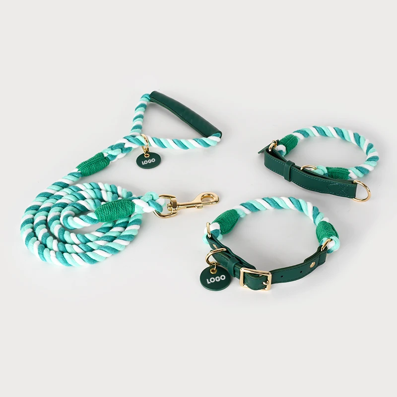 Custom Dog Collar and Leash Set Stocked Wholesale Personalized Factory Luxury Handmade Recycled Braided Cotton Pet Rope Walking