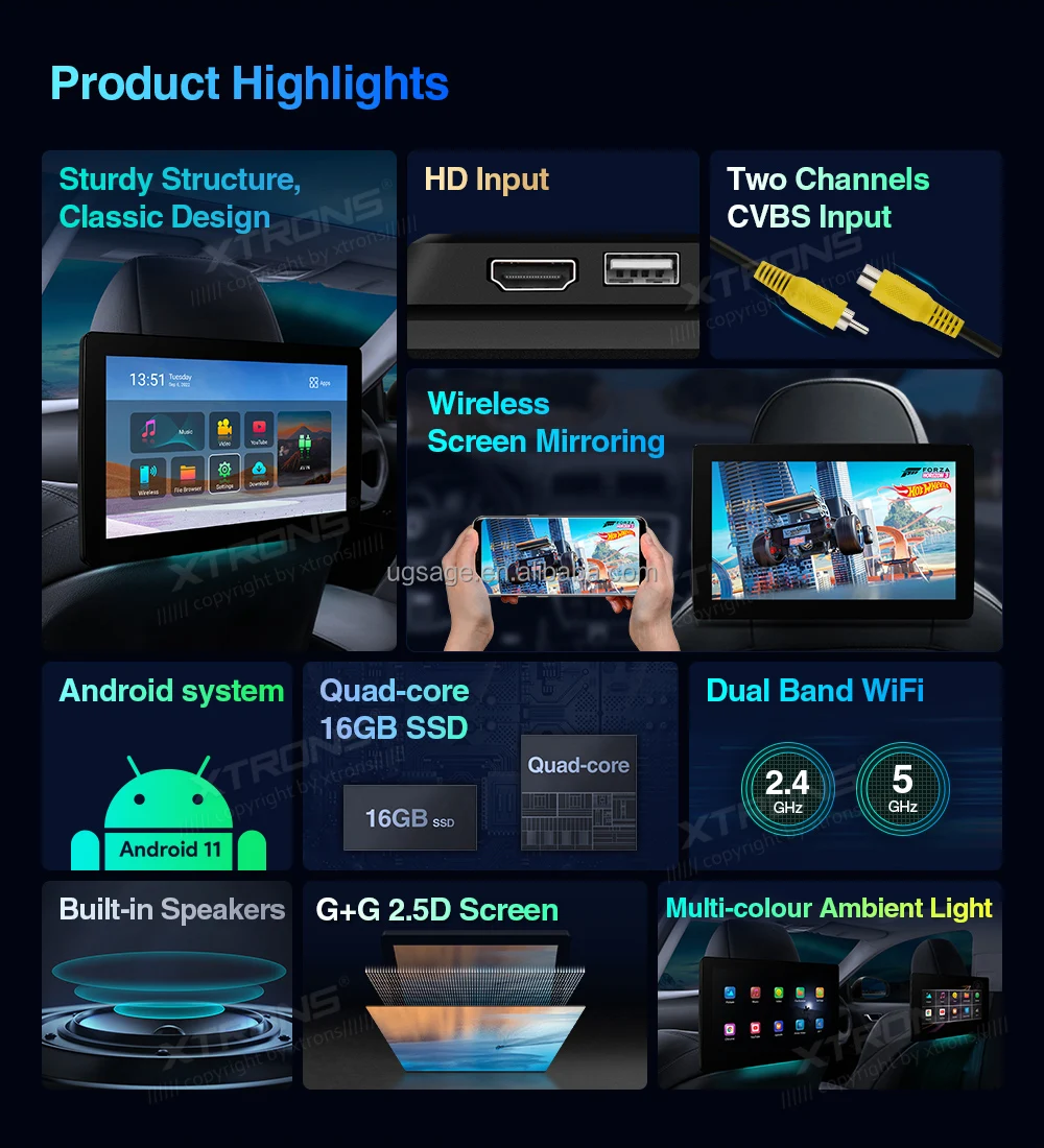 Xtrons 11.6" Headrest Touch Screen Android 11 Car Video 4k Cvbs Hdmi