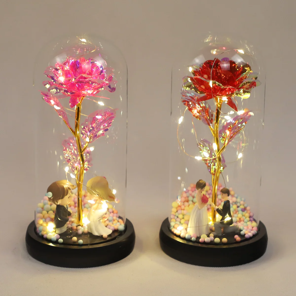 Creative Rose Ornament Romantic LED glass cloche with Fairy String Light Rose Flower in Glass dome