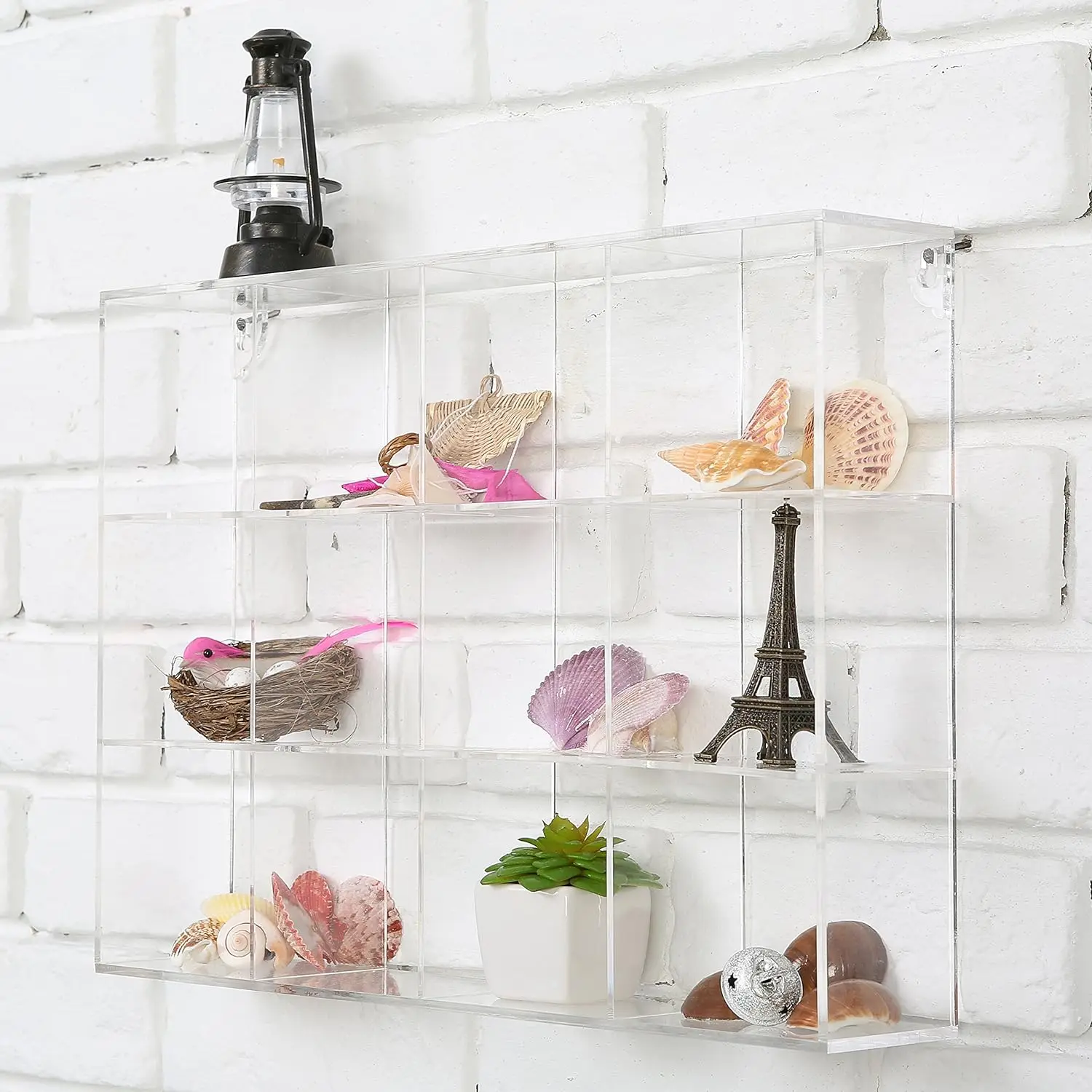 Wall Mounted Clear Acrylic 12 Compartment Showcase Mini Toy Crystal Shadow Box for Displaying Collectible Figures