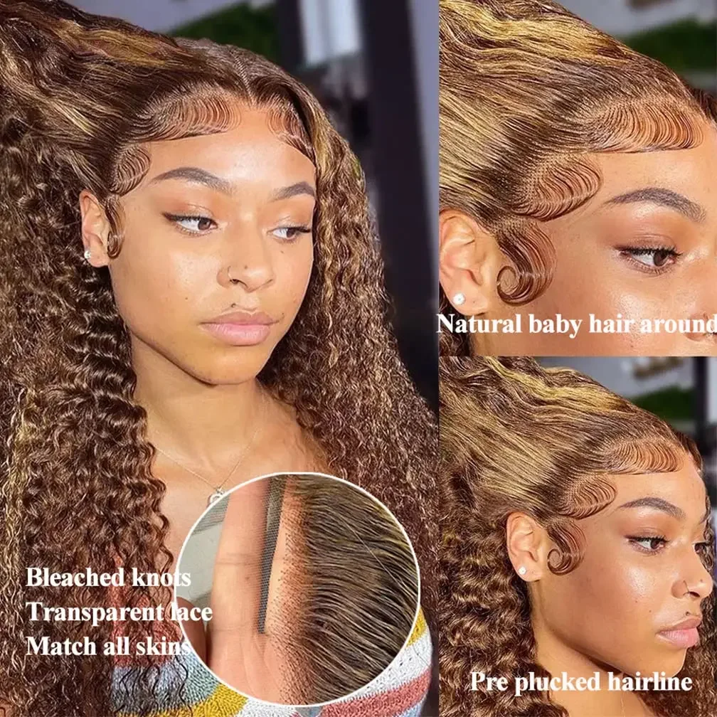 Parrucca frontale in pizzo con onde d'acqua biondo miele, capelli umani, 30 pollici, onda profonda sciolta frontale_voghion.com