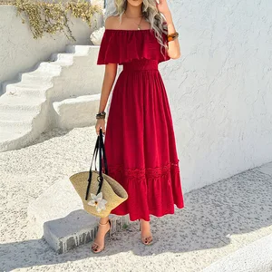 Women's 2026 Summer Off Shoulder Ruffle Midi Dress Short Sleeve High Waist Hollow Out Party Dresses
