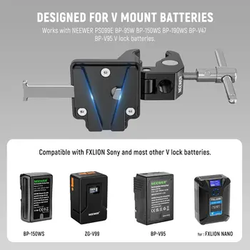 NEEWER Mini V Mount Battery Plate with Wide Super Crab Clamp & QR Lock for Tripod Light Stand C Stand Gimbal Column and 15mm detail image