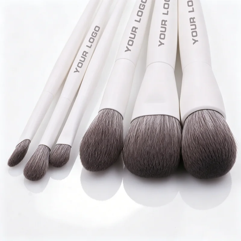 6pcs Vegan Synthetic Makeup Brush Set White Wood Handle Soft and Dense Bristles Suitable for Powder Blush and Eyeshadow