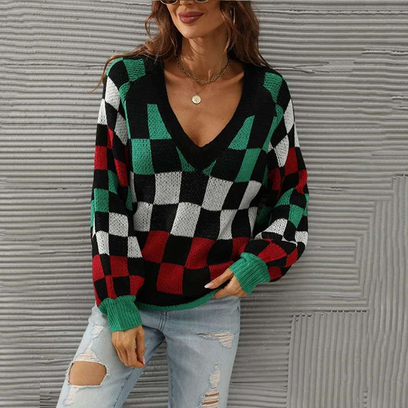 2022 New Foreign Women's Mohai Sweater V-neck Plaid Sweater Color ...